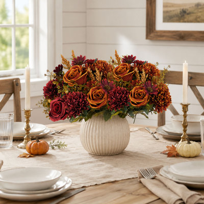 Bouquet d'automne en soie composé de 2 pièces : roses, hortensias et tournesols