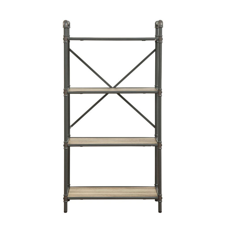 4 Tier Bookshelf With Metal Steel Tube, Antique Oak And Sandy Gray, (4 Shelves) 49"H x 26"W x 14"D, Ancient Oak/Gray
