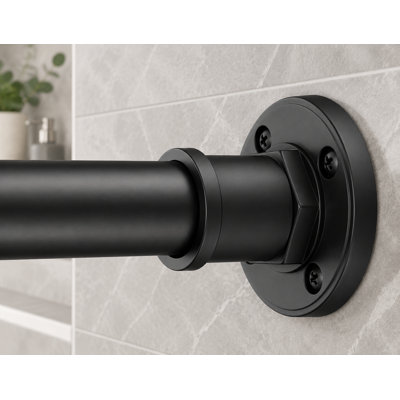 This matte black stainless steel industrial shower curtain rod uses a 2-in-1 tension design, adjusts from 27 to 43 inch, and provides rustproof, non-slip performance for windows.