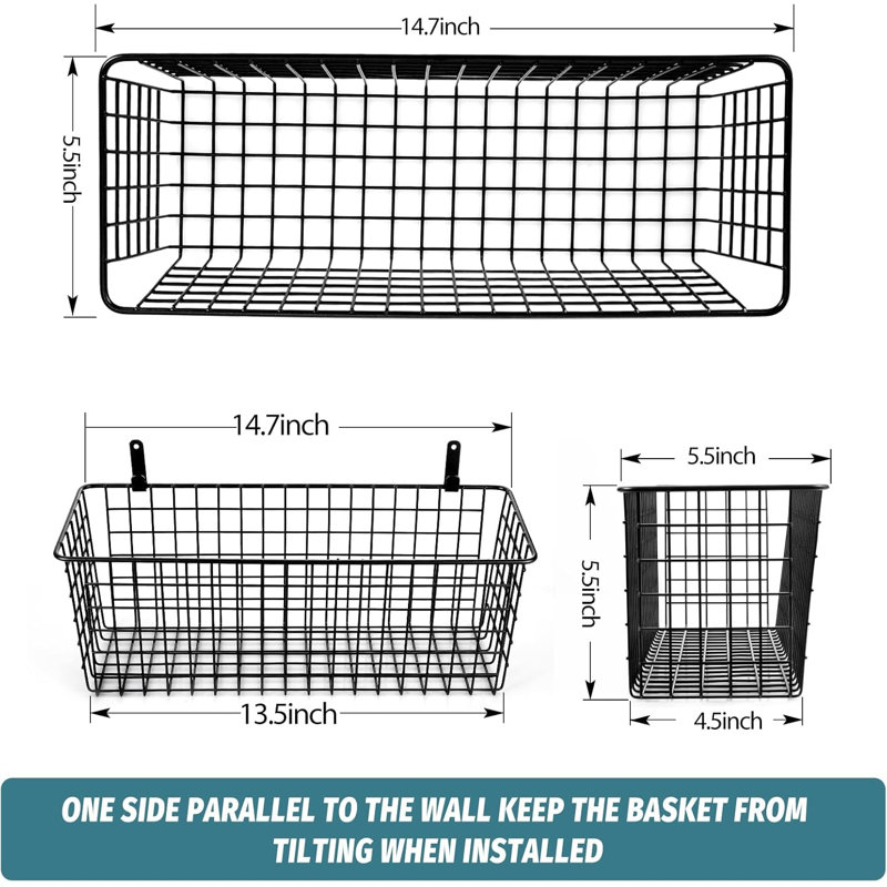 4 Set EXTRA LARGEHanging Wall Mount Storage Baskets with Adhesive Hooks & Steel Hooks, Multiuse Sturdy Wire Metal Organizing Baskets for Home Kitchen Bathroom Pantry Utility Organizer, Black