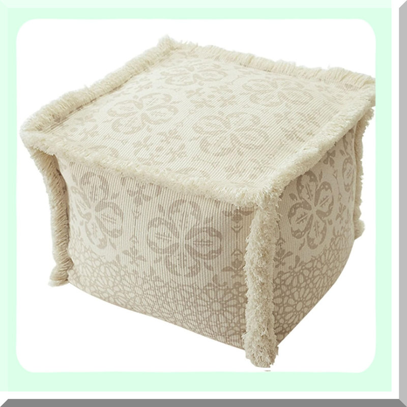 Boho Chic Square Pouf Cover - Stylish Home Decor Ottoman Chair Cover - White - Unstuffed Pouf Slipcover