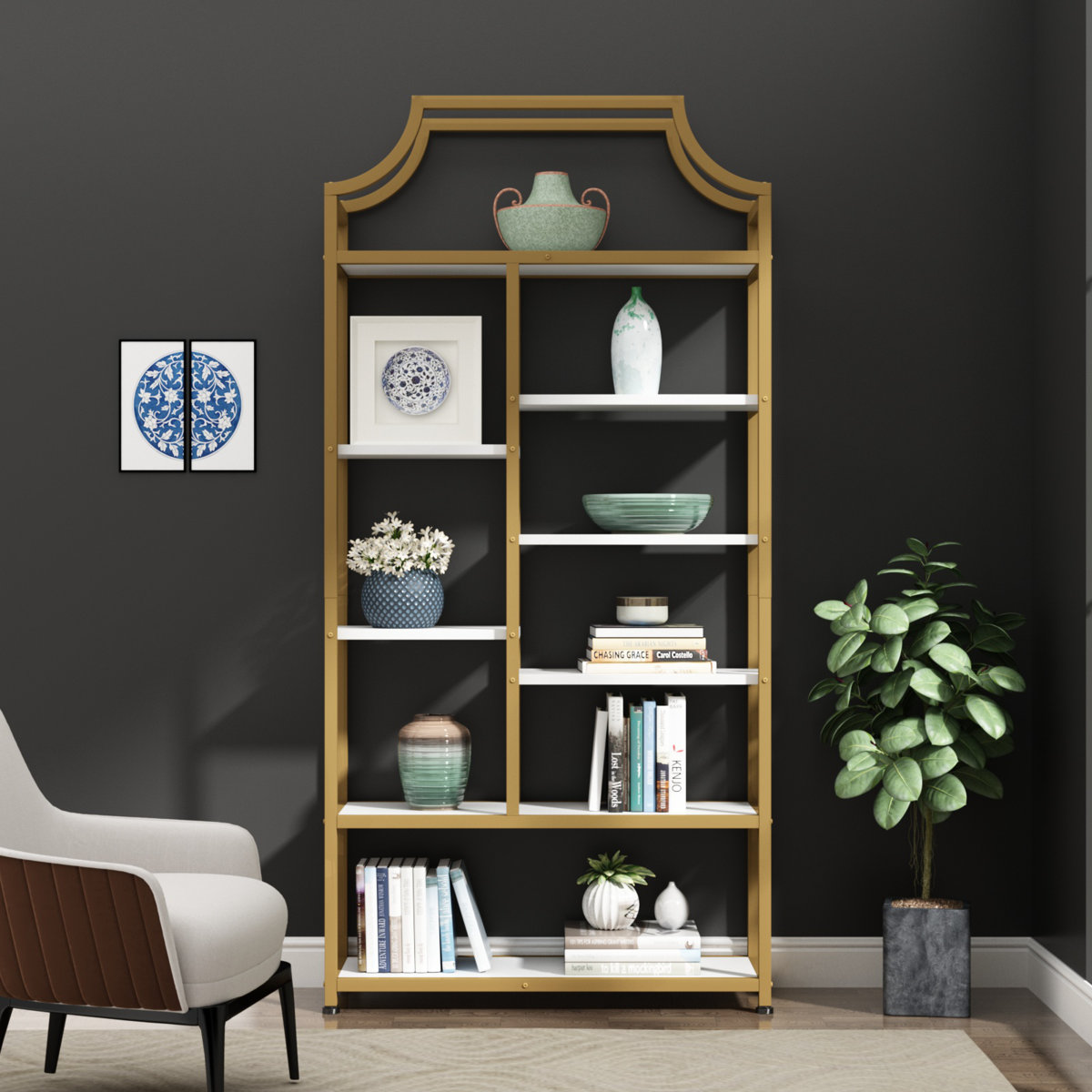 Mercer41 Ghica Etagere Bookcase, 8-Open Shelf Bookshelf, 70.87" H x 31.5" L in Gold & White for Home Office