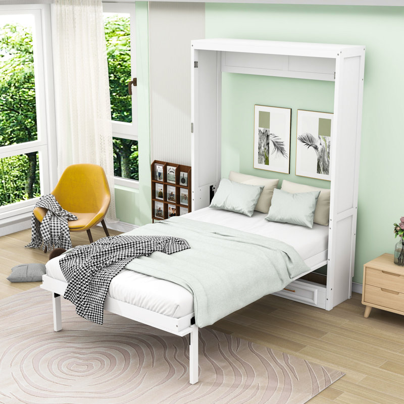 Lit escamotable double en bois 2 tiroirs avec tête de lit