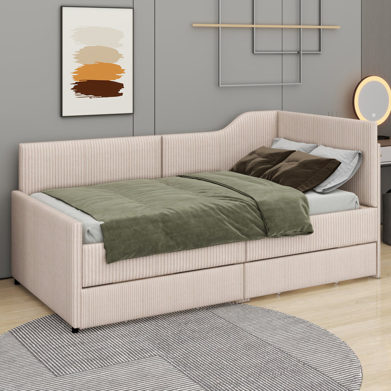 Twin Size L-Shaped Corduroy Daybed,Upholstered Bed Frame With 2 Storage Drawers, Beige