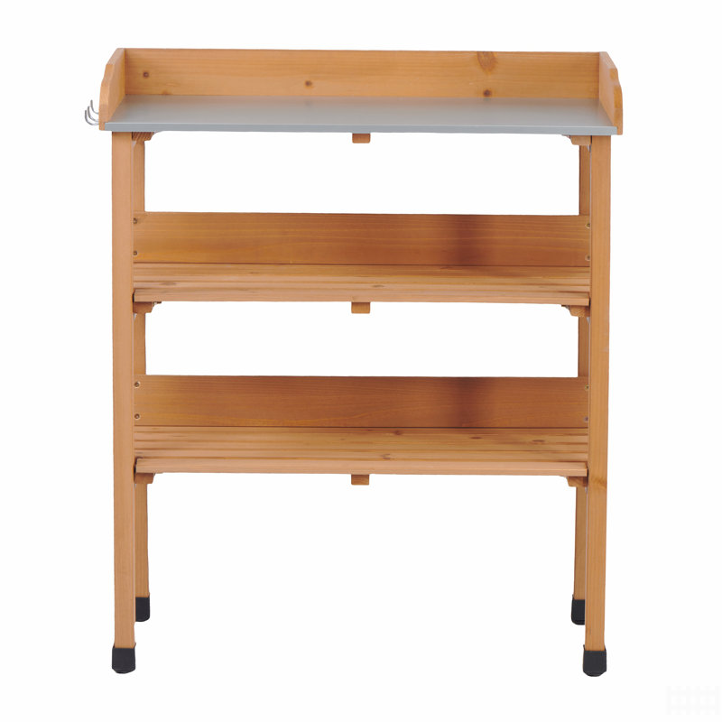 Table de rempotage 30 po x 14,5 po x 35,5 po avec plateau en métal, banc de travail extérieur à 3 couches avec crochet pour le jardin, poste de travail en bois massif