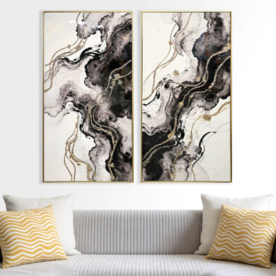 Large Abstract Wall Art Set of 2, Modern Minimalist Black Gold Canvas Paintings With 3D Texture, Hand-Painted Contemporary Artwork For Living Room Bedroom Hallway Office Wall Decor, Big Size 20 X 40 In Panels Ready To Hang