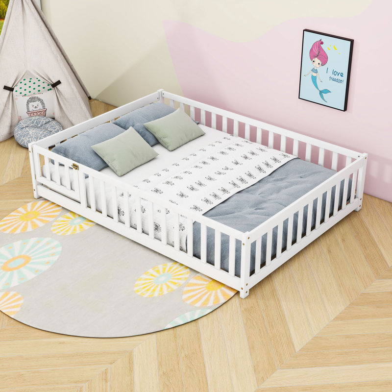 Wood Floor Bed With Fence, Full, White