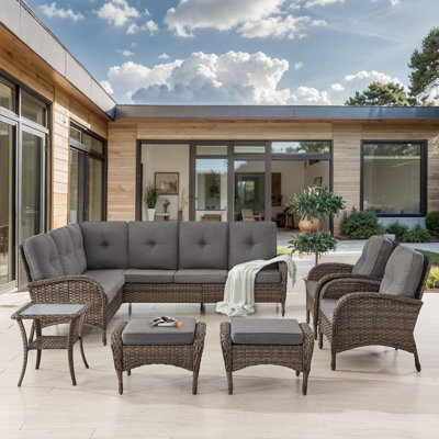  Ensemble de canapé modulaire d'extérieur en forme de L avec chaises de patio, repose-pieds et table d'appoint Valierius