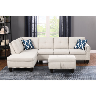 Beige L - Shaped With Storage , 4 Seat Arrangement For Party Time, Pull Down Middle Seat, Two Cup Holders, Rounded Arms, Subtle Tufting, Nailhead Trim, Solid + Engineered Wood Frame, Foam Filled 3 In