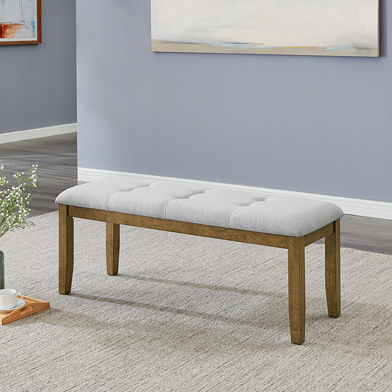 Walnut Oak Dining Bench In Light Gray Fabric With Tufting