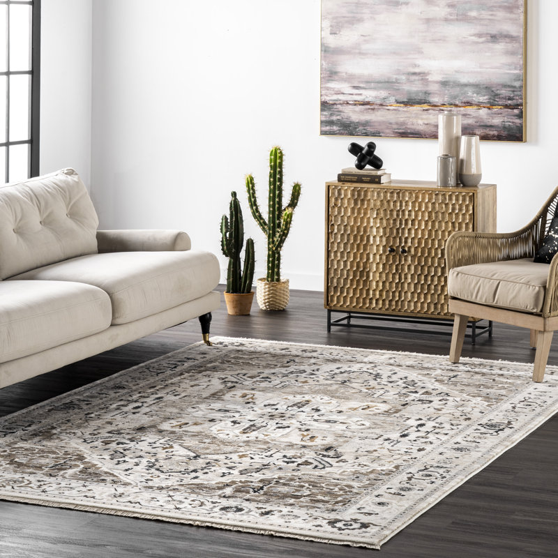 Uriegas Performance Medallion Fringed Beige/Gray/Brown Rug, Rectangle 8' x 10'