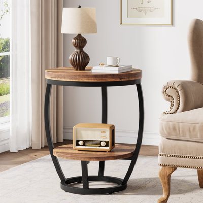 Table de bout ronde avec tablettes de rangement, table d'appoint peu encombrante pour canapé ou chevet, structure en métal avec plateau en panneau de fibres à densité moyenne, petite table d'appoint pour le salon et la chambre à coucher, brun rustique et noir