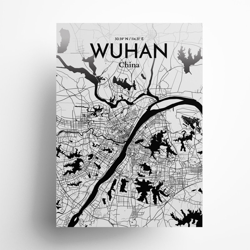 Carte de la ville de Whan, impression, Noir et blanc, H 27,6 po x l 19,7 po