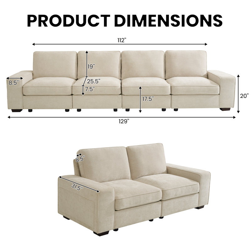 Modern Modular Chenille Sectional Sofa Set 5/6/7/8 Seater with Seat Storage and USB Charging Port、Side Pocket for Living Room and Apartment