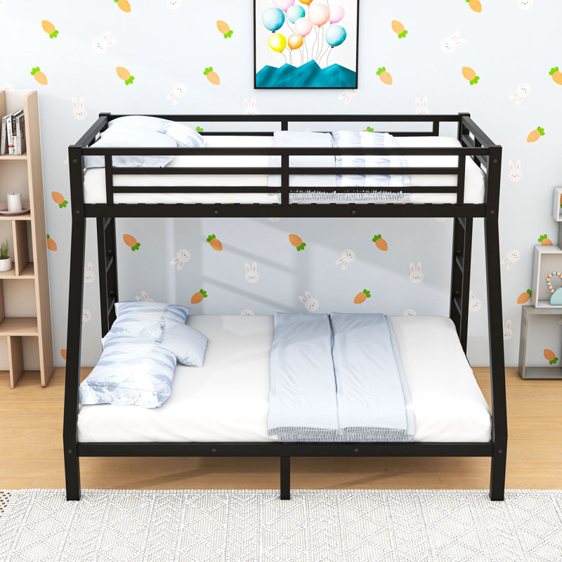 Metal Bunk Bed With Dual Side Ladders And Guardrail, Twin XL Over Queen