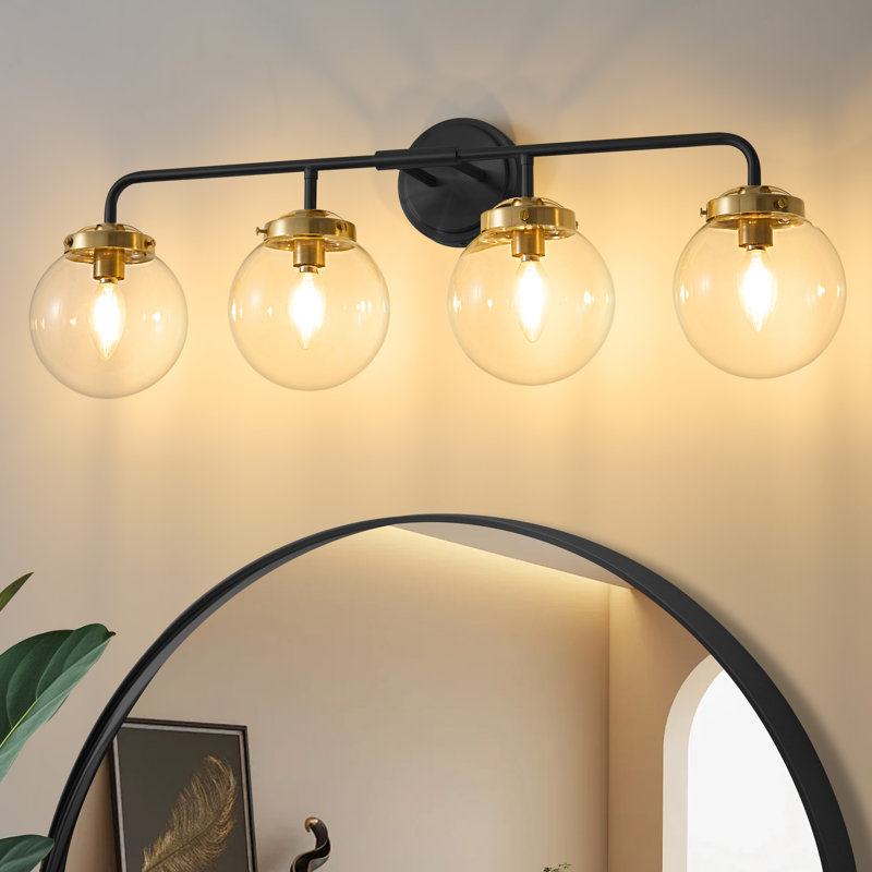 Luminaire de salle de bain à intensité variable avec abat-jour en verre soufflé à la main Karlei, 4, Noir et or, Transparent