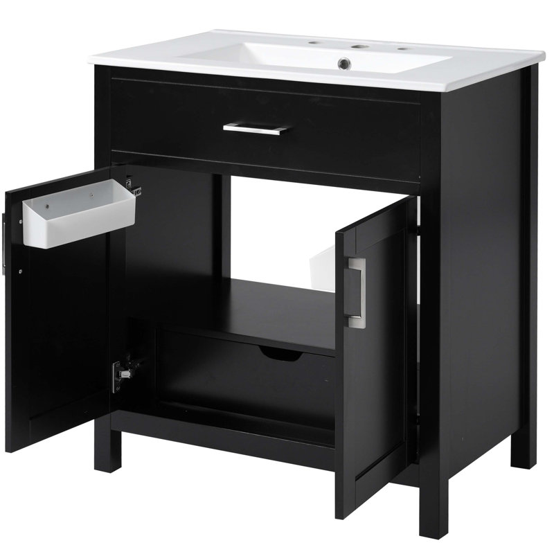 Meuble-lavabo de 30 pouces avec lavabo en céramique et beaucoup de rangement, Noir, noir, noir, noir