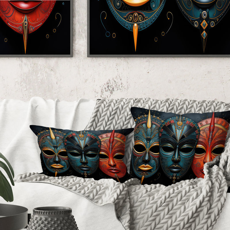 Red African Masks III - Coussin imprimé avec masque africain, Rectangulaire, 12" x 20"