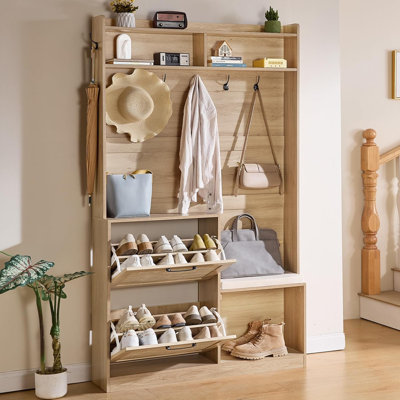 Natural Oak 78" Boho Hall Tree with Bench - 4-in-1 Rattan Coat Rack, 2 Flip Drawers, 6 Hooks for Entryway & Garage by 17 Stories