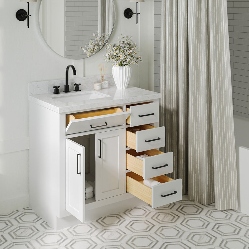 ARIEL HEPBURN 37 IN RIGHT OFFSET RECTANGULAR SINK VANITY 1,5 IN, Left, Rectangular, White
