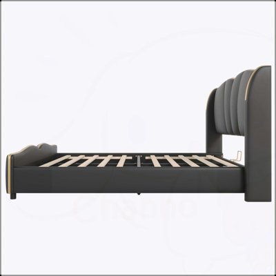 Base de lit tapissier en cuir pour grand lit, tête de lit moderne à oreilles, pied de lit ondulé, sans sommier, noir