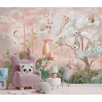 Pink Woodland Fox Wall Mural | Girls Nursery Peel and Stick Wallpaper | Kids Removable Wall Décor