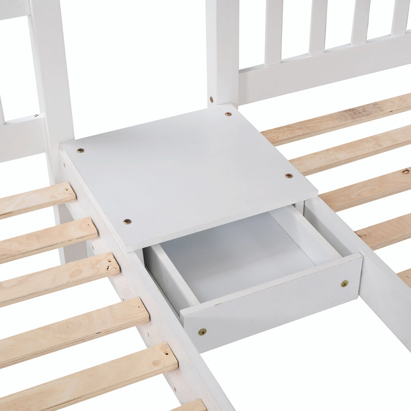 Lit superposé double au-dessus de simple au-dessus de simple avec étagère de rangement et tiroirs, Blanc