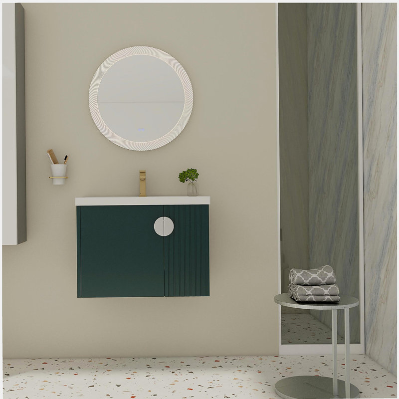 Meuble-lavabo de 28 po avec lavabo en céramique, pour petite salle de bain, meuble-lavabo avec porte, Vert/doré, 28"