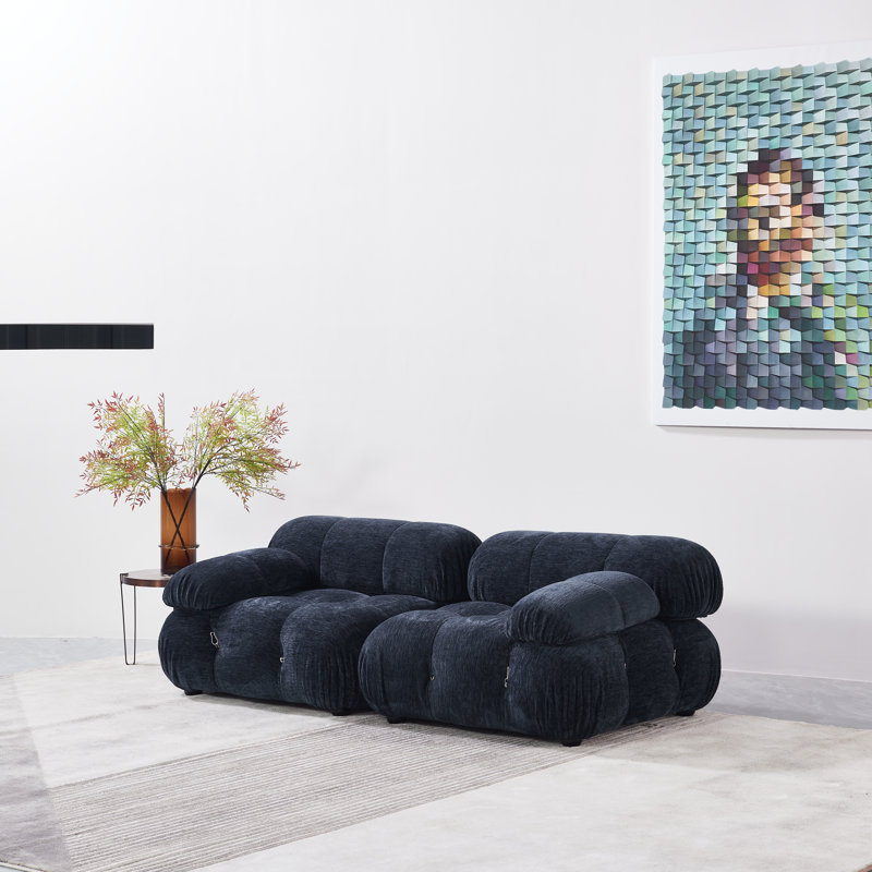 Breeley 76'' Round Arm Modular Sofa, Blue Chenille