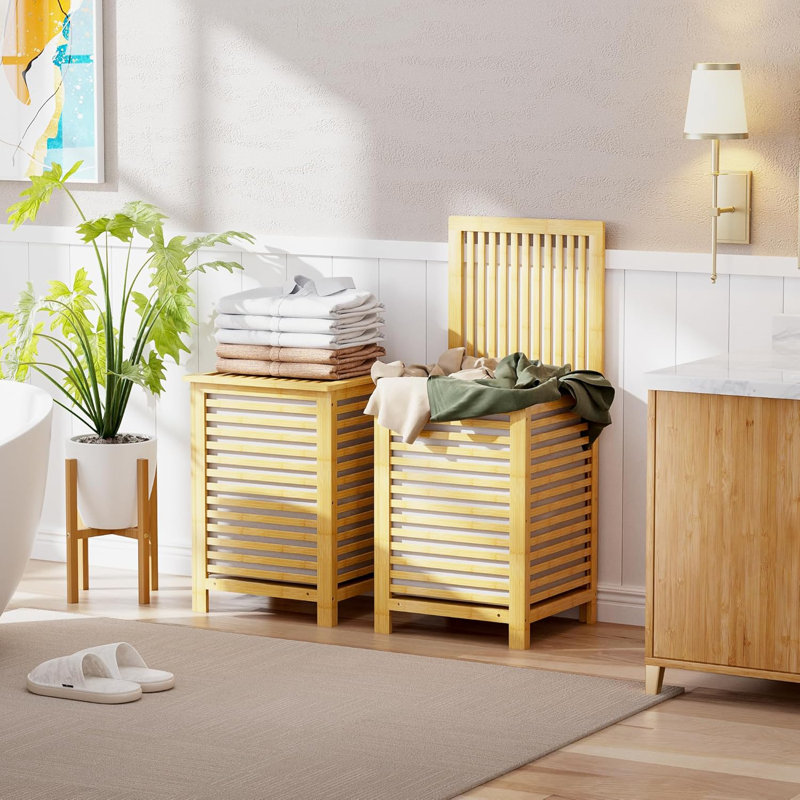 Double Laundry Hamper With Lid, 120L Bamboo Laundry Basket With Removable Liner Bag, 2-Section Clothes Divider Laundry Sorter For Laundry Room, Bathroom, Bedroom
