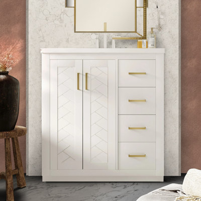 Meuble-lavabo autoportant avec lavabo en céramique, structure en bois massif, 3 tiroirs, portes à fermeture en douceur