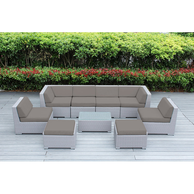 Ensemble de conversation en osier pour 8 personnes avec coussins - aucun assemblage, Toile Sunbrella® taupe, Gris