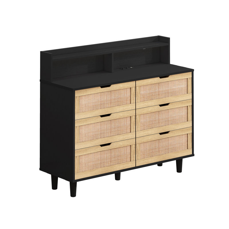 Armoire de rangement en rotin 6 tiroirs avec lumières DEL et prise de courant, Noir