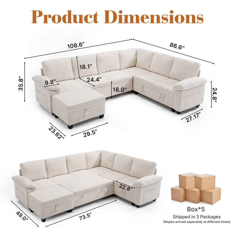Canapé rembourré avec repose-pieds, Chenille beige