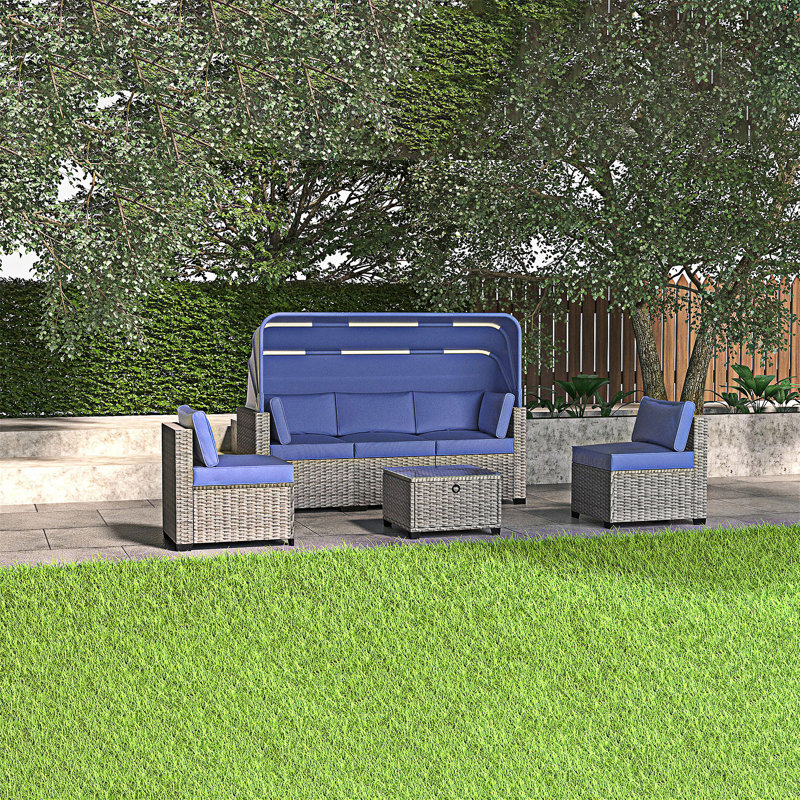 6 Pieces Outdoor Sectional Sofa Set with Adjustable Backrest, Antique Blue Cushion/Grey Frame
