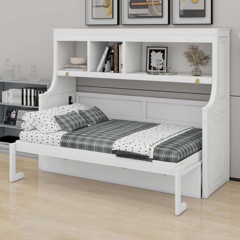 Lit escamotable avec bureau et tablettes de rangement, Blanc