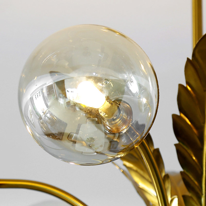 White Glass Post Modern Led Chandelier With Leaf Deco In Brass, Amber