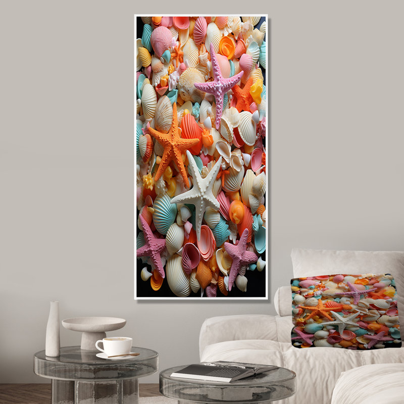 Multicolore coquillage symphonie - art mural côtier tropical, Cadre flottant blanc, H 60 po x l 28 po x P 1,5 po