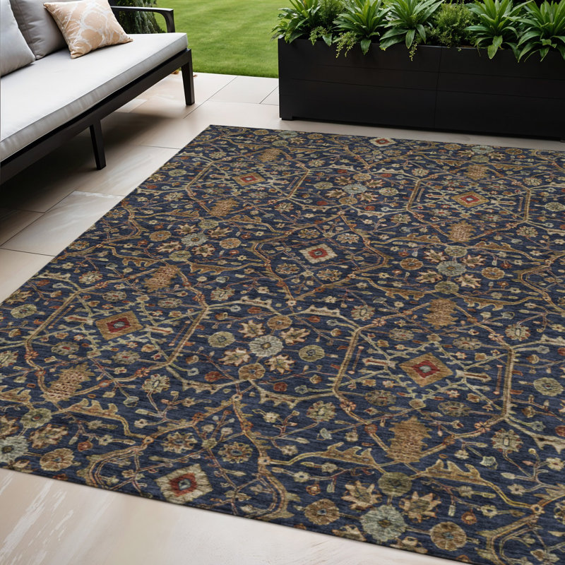 Tapis extérieur lavable floral bleu marine et rouge 5 pi x 8 pi