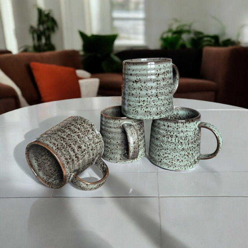 Mottled Effect Brown Dots Speckled Reactive Glaze Artisan Saham Ceramic Coffee Mug Set of 4
