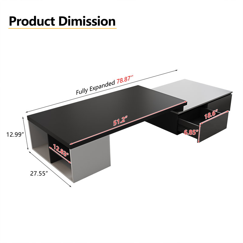 Table basse moderne extensible avec tiroirs cachés et tablettes ouvertes, design contemporain à deux tons
