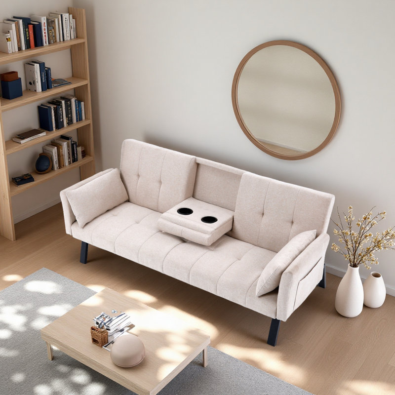 Canapé-lit multifonctionnel de 70 pouces: pliable + porte-gobelet + rangement latéral,, Beige