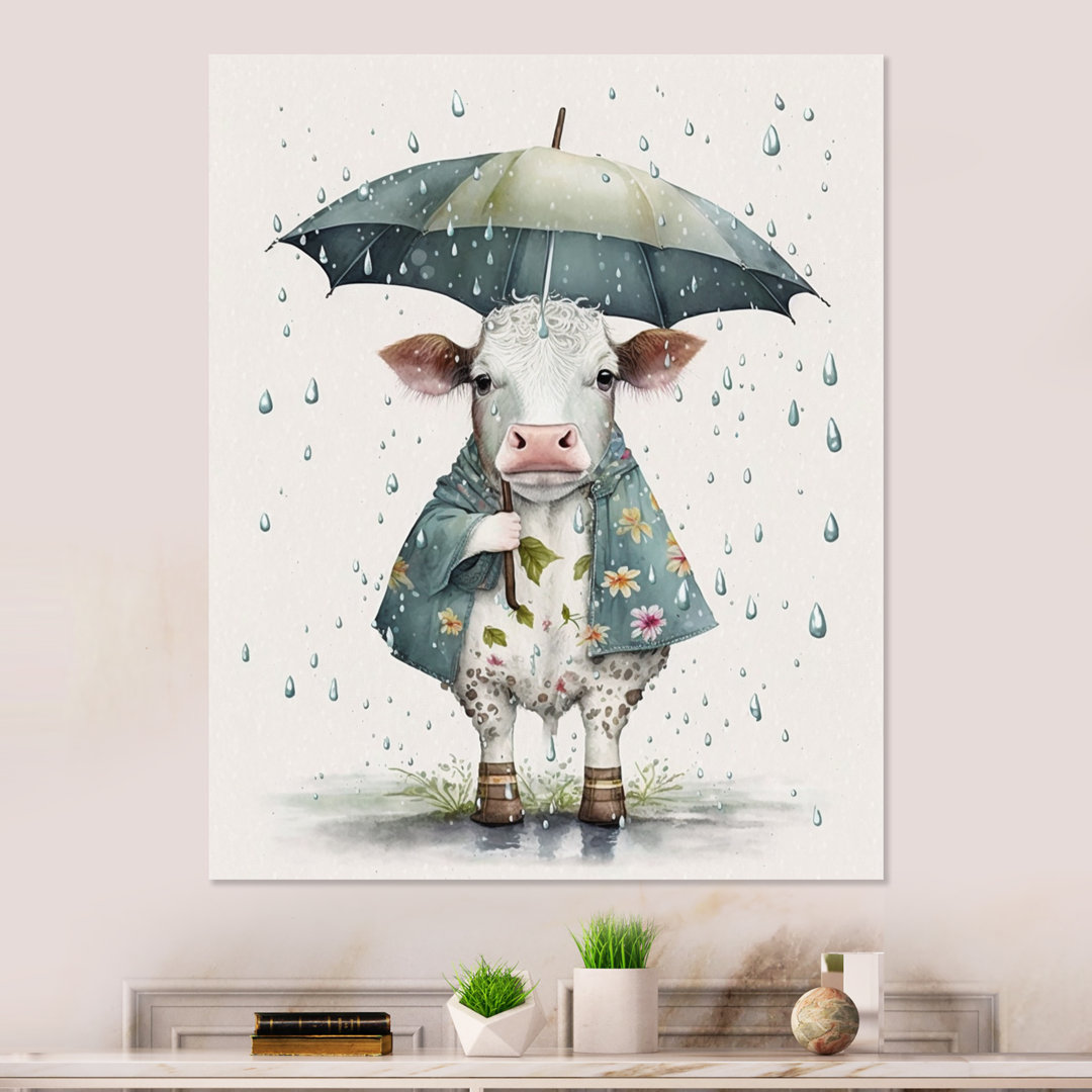 Cute Cow With Umbrella Rainy Day - Animals Cow Metal Wall Decor Trinx 