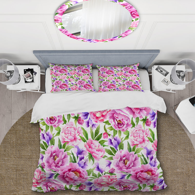 Fleurs mauves et feuille verte - ensemble de housse de couette floral - microfibre de polyester