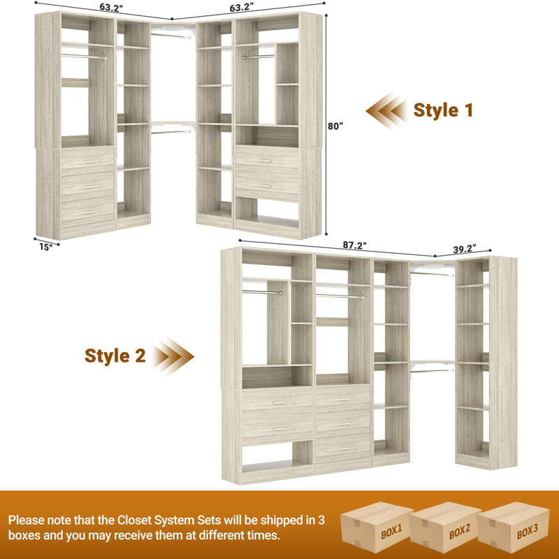 Organisateur de garde-robe de coin autoportant L 87,2 po x l 39,2 po x H 80 po avec 5 tiroirs et 12 tablettes, Chêne blanc