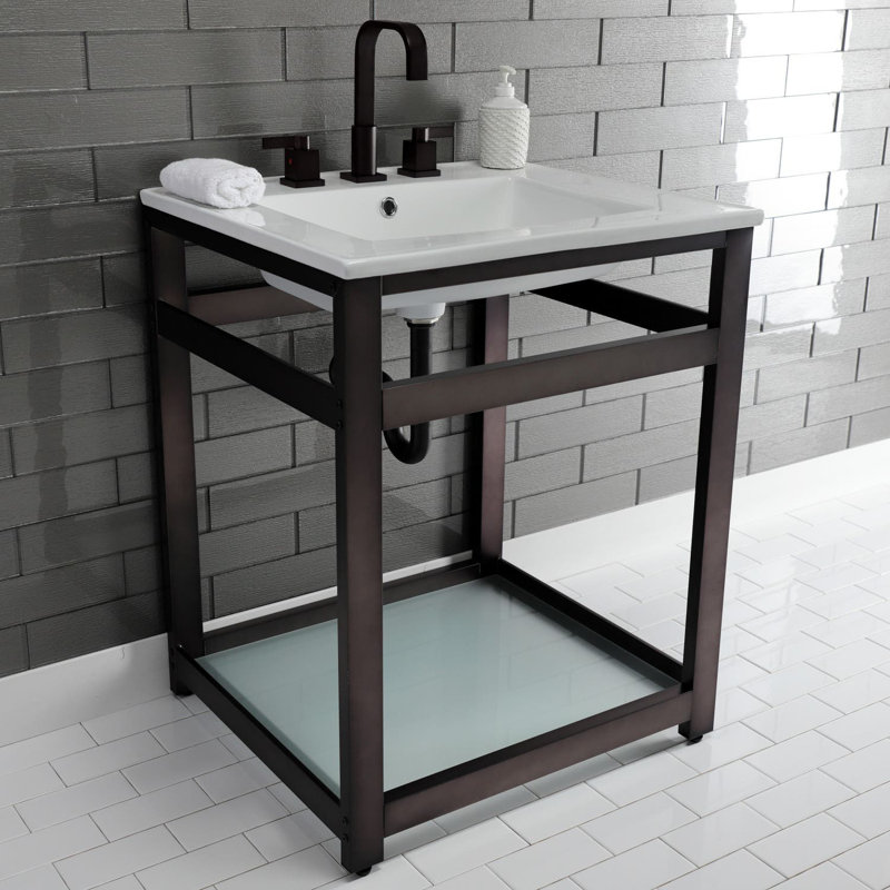 Quadras Ceramic Rectangular Console Bathroom Sink with Overflow, White/Oil Rubbed Bronze, 8" Centers