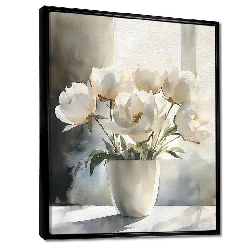 Art sur toile, pivoines et ombres géométriques I, H 40 po x l 30 po, Reproduction avec cadre flottant, Noir