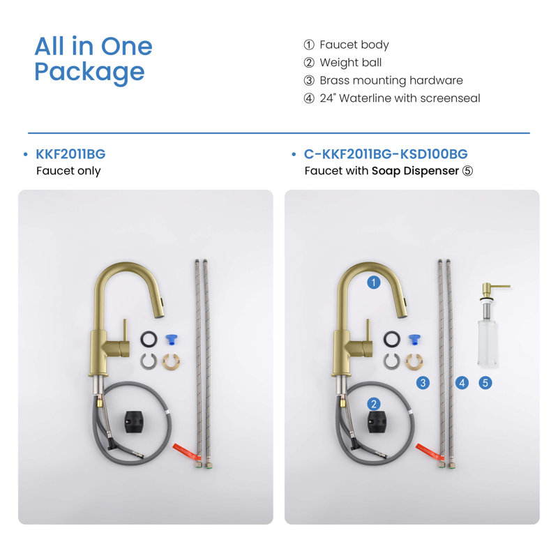 KIBI Luxe Pull Down Kitchen Faucet with Soap Dispenser, Brush Gold