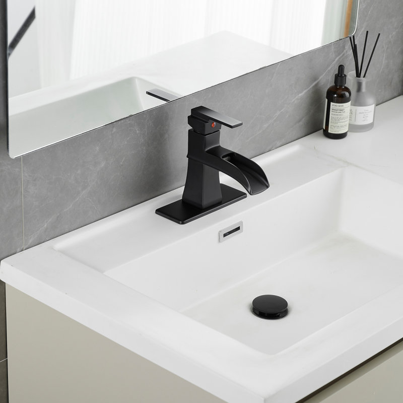 Sink Faucet With Deck Plate Waterfall Black With Pop Up Drain And Supply Lines Bathroom Faucets For Sink 1 Hole One Handle Faucets Vanity Bath Mixer Tap