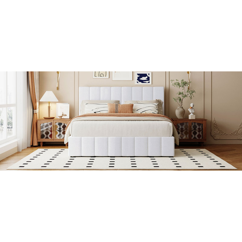 Grand lit plateforme tapissier avec système de rangement hydraulique - Blanc, White, Grand lit